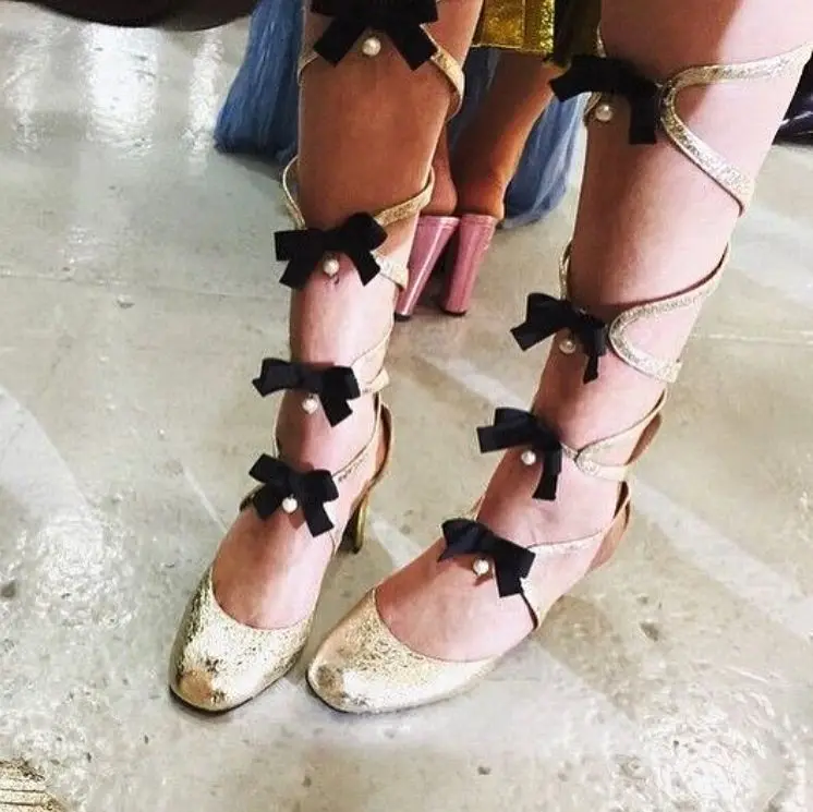 New Fashion Women Sandal Long Boots Summer Gladiator Sandals Women Bowtie High Heels Sandals Genuine Leather Women's Shoes Botas