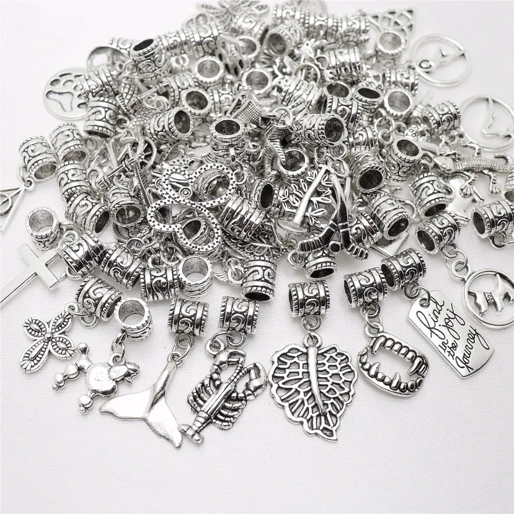 

Mix 50pcs pendant vintage silver big hole beads fit pandora charms Bracelet DIY Jewelry Making Handmade