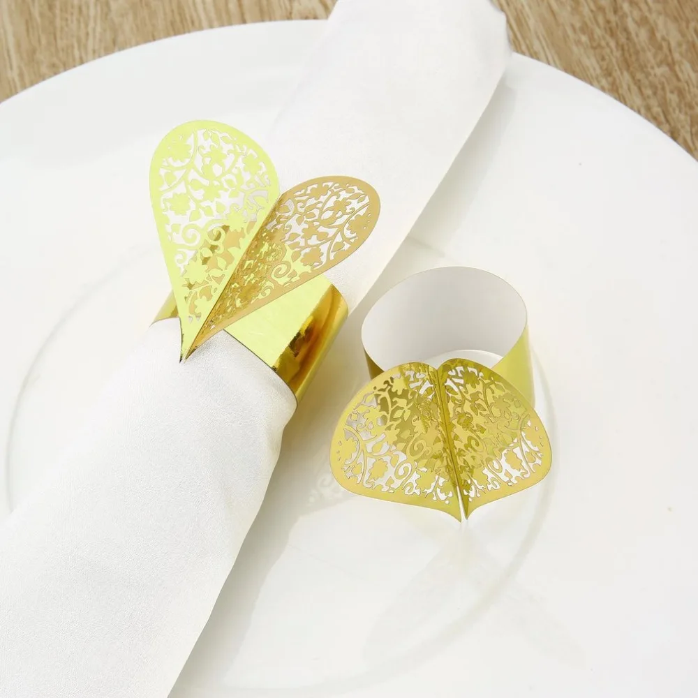 50pcs Creative Heart Shape Laser Cut Paper Napkin Ring for Wedding Party Dinner Table Decoration