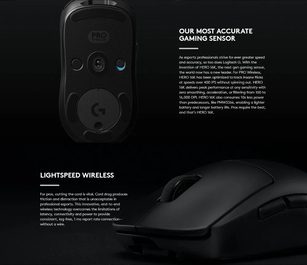 Беспроводная игровая мышь logitech G PRO для eSports Hero16K, датчик RGB освещения, 16000 dpi, Беспроводная зарядка