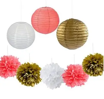 

9PCS Gold Coral White Decorative Party Paper Pack Hanging Paper Lantern Pom Pom Balls Wedding Birthday Shower Decoration Favour