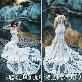 2014 Custom Sexy Sheer Back Queen Anne Neckline Lace Applique Tulle Bridal Gown /Wedding Dress New Collection | Свадьбы и торжества