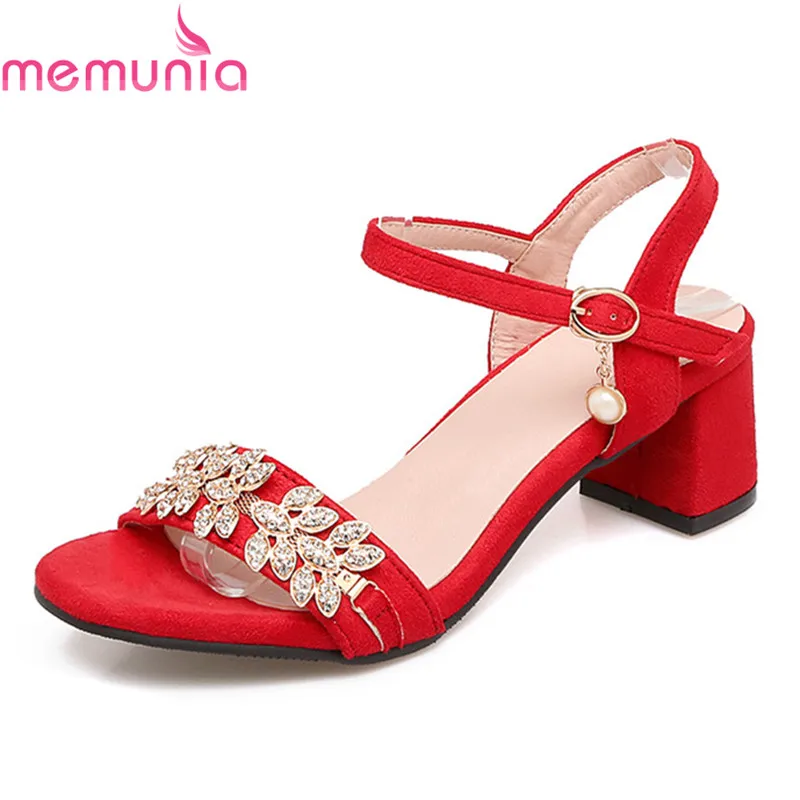 

MEMUNIA new arrive women high heels sandals fashion flock summer party shoes rhinestone sweet elegant hot sale big size 34-47
