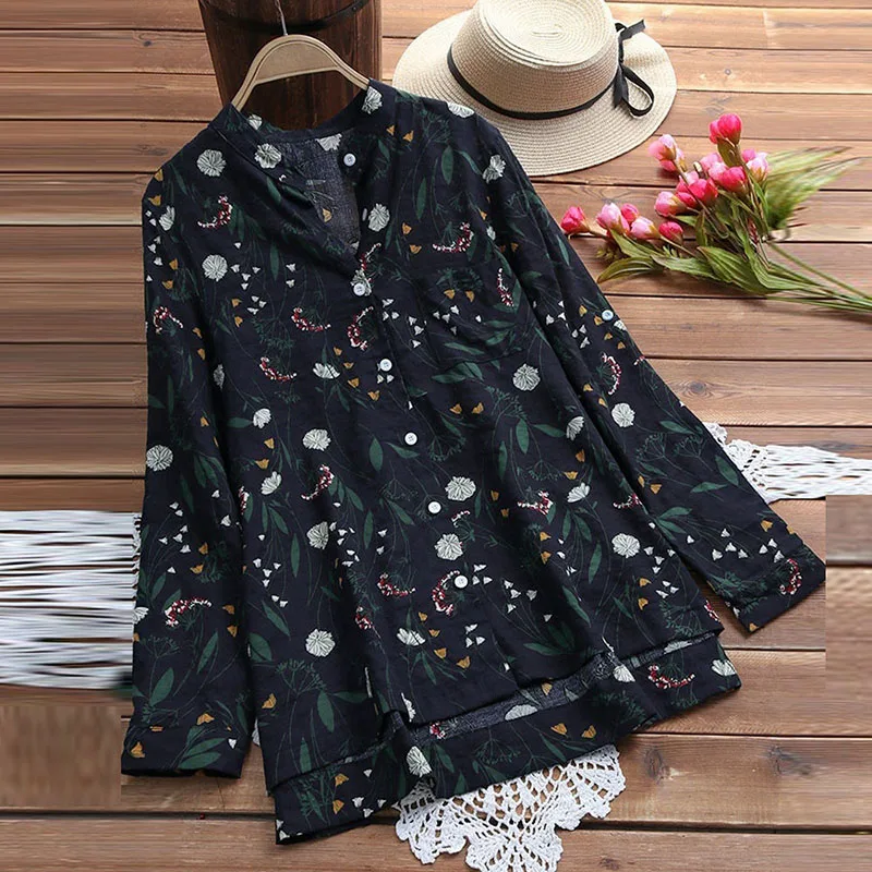

Floral Printed Blouse Tops Lady Large Size Long Sleeve Shirt Women 2018 Autumn V-Neck Medium Length Shirts Femme Literary Blusas