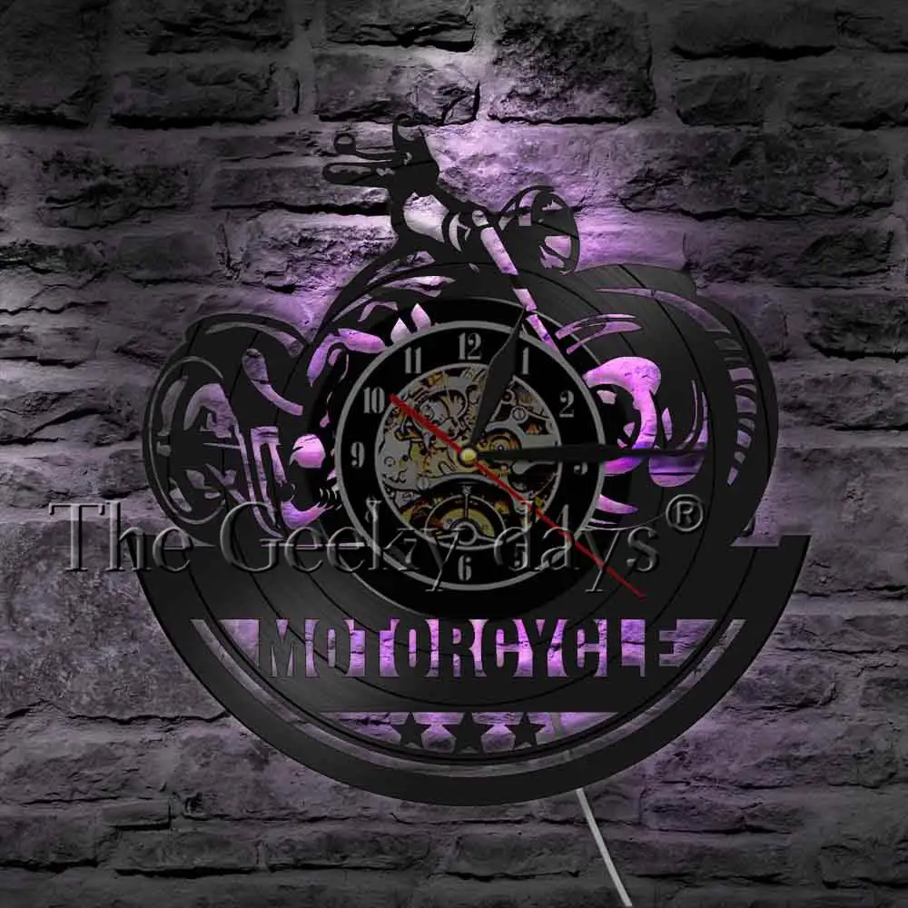 Классический мотоцикл 3D настенные часы с светодиодный освещение вывеска для гаража мотоцикл Винтаж Виниловая пластинка часы настенные часы домашний декор 12"
