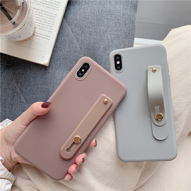 Simple Matte Candy Wrist Strap Hand Band silicone case for iPhone 6 6s 7 8 Plus X Xr Xs Max Back Phone Stand Ring Protect Cover