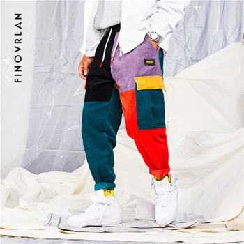 

Vintage Color Block Patchwork Corduroy Cargo Harem Pant Streetwear Harajuku Jogger Sweatpant hip hop Trousers Street wear