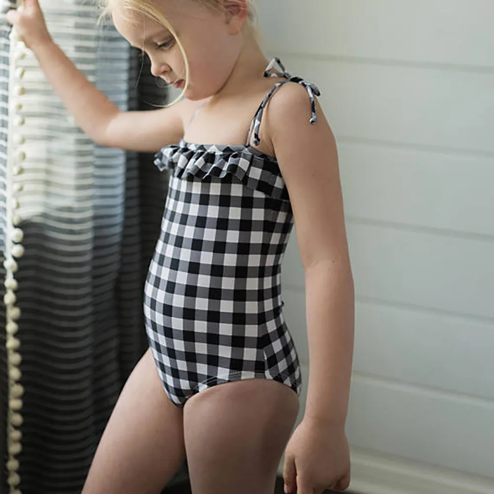open shoulder checkered one piece swimwear