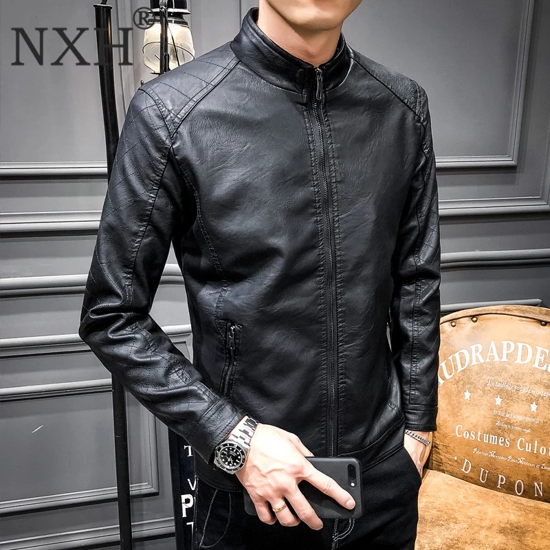 

NXH Winter PU Leather Jacket Men Thick Faux Leather Coats Bomber Jacket Men Quality goods bright streetwear big size outwear