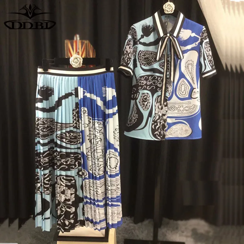 blouse and skirt set clouds print blouse and folded skirt two pieces set  20180608