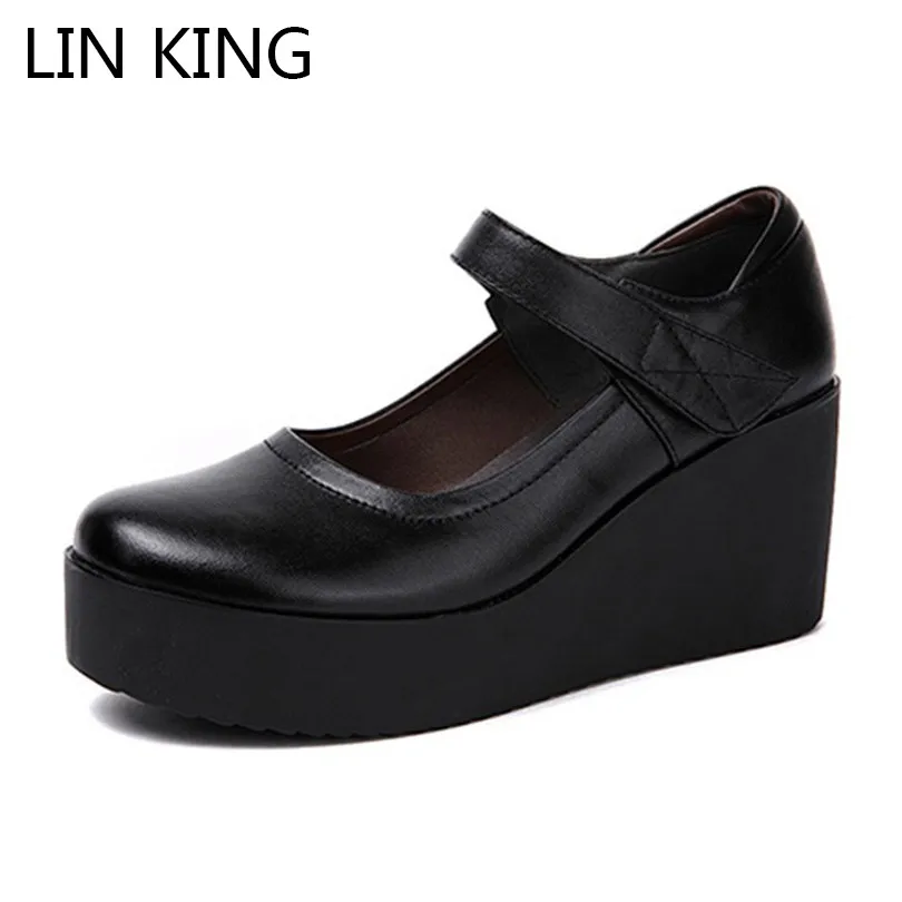 LIN KING Casual Genuine Leather Women Pumps Punk Wedge Thick Sole Round