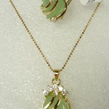 Прекрасный натуральный зеленый нефрит CZ кулон кольцо Набор Размер: 6,7, 8,9