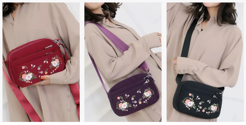 Luxury Brand Flower Shoulder Bag Women Small High Quality Nylon Tote Top-handle Travel Crossbody Bag Embroidery Messenger Bags