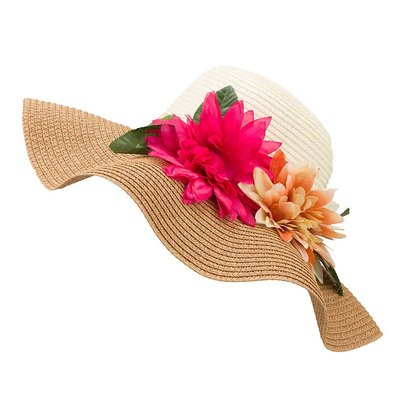 Flower Large Brim Floppy Straw Hat Women Contrast Summer Traveling Beach Sun Hats Fashion Leisure Big Brimmed Wavy Caps CP0205 (4)