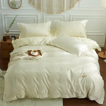 

New silk embroidered four pieces of silk Bedding sets king queen size Bedlinen Bed sheet Duvet cover set Pillowcase