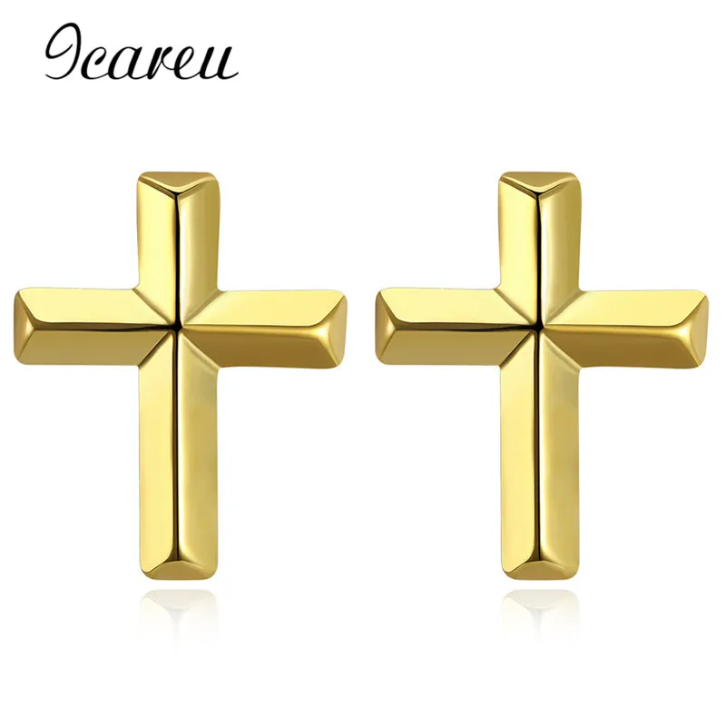 Icareu 2017 Christian Religious Simple Cross Gold Color Stud Earring