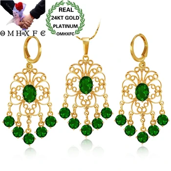 

OMHXFC Wholesale European Fashion Woman Wedding Gift Vintage Tassel AAA Zircon 24KT Gold Necklace+Drop Earrings Jewelry Set ET14