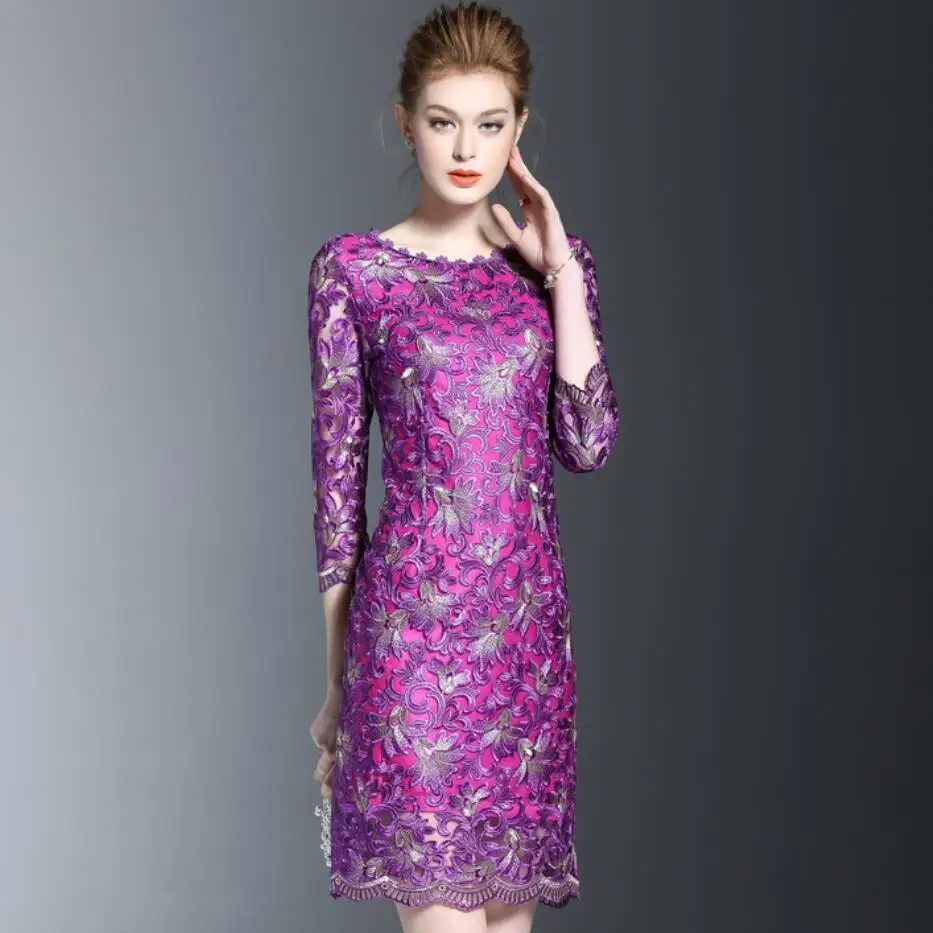Новое осеннее модное платье, женское платье с круглым воротником, с рукавом в семь точек, расшитая накидка, вечернее платье фиолетового цвета, размер M-4XL