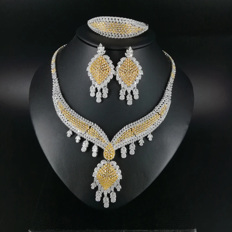 

2019 new fashion luruxy crystal CZ zircon golden necklace earring bracelet ring wedding bride banquet dressing party jewelry set