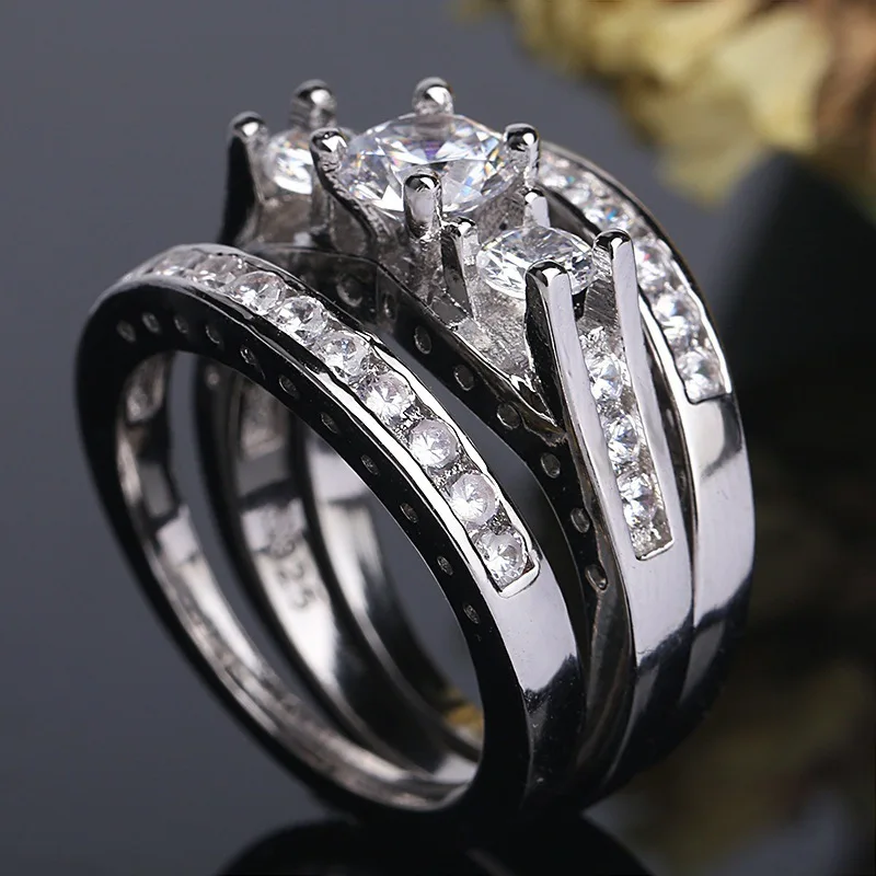 2-3 шт набор свадебных колец принцесса огранка огромный белый циркон серебряный цвет обручальные кольца Свадебная Праздничная бижутерия с кольцами