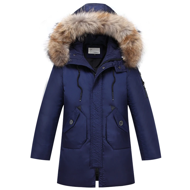 Mioigee/ Подростковая парка; зимнее теплое пальто для больших мальчиков; куртка для мальчиков; детские пуховики; мех енота на капюшоне - Цвет: Navy
