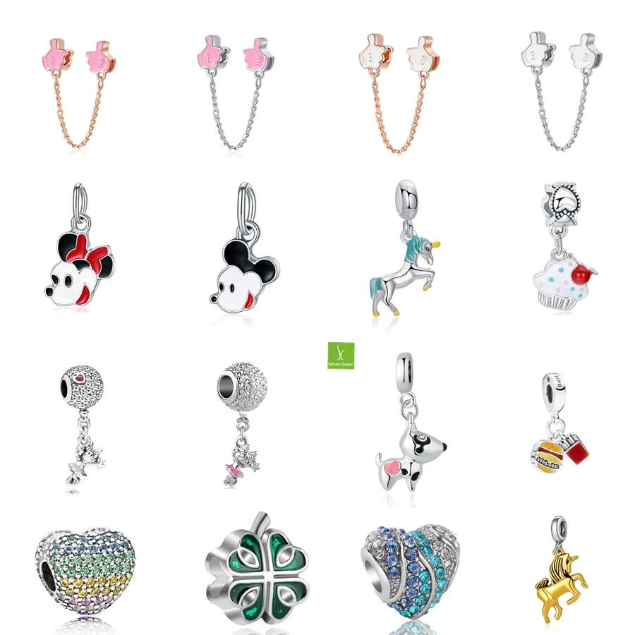 

Thumb Safety Chain Mickey Mouse Heart Pendant Bead Charms Fit Original Pandora Bead Bracelet For Women Charm DIY Jewelry