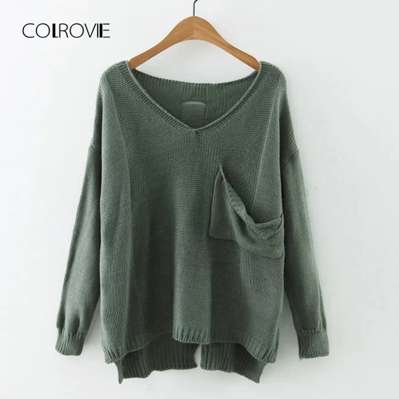 

COLROVIE Green V Neck Drop Shoulder Pocket Long Sleeve Casual Women Sweater 2018 Autumn Solid Sweater Winter Pullovers Jumper