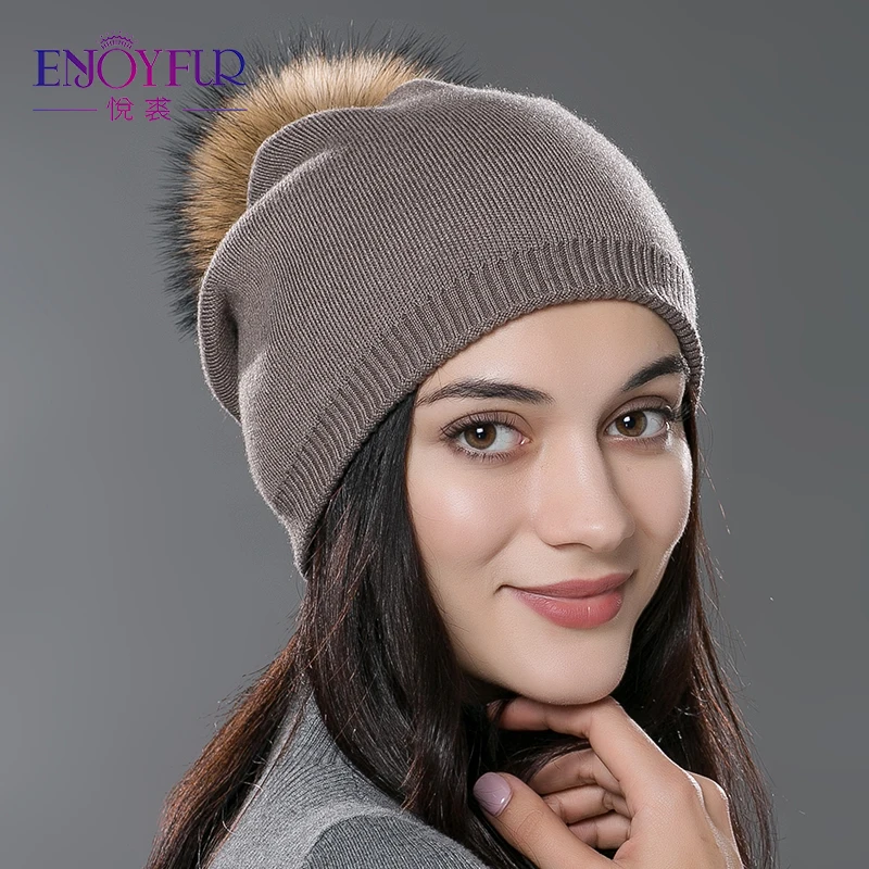

Women winter hat wool knitted beanies cap real natural fox fur pompom hats solid colors gorros cap female causal hat