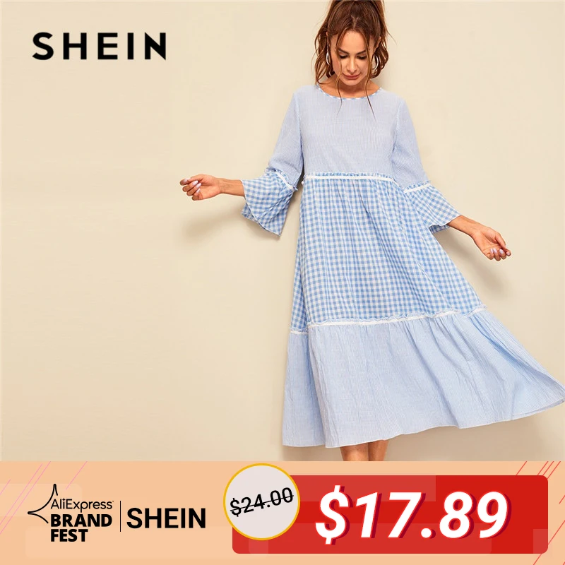 

SHEIN Frill Trim Gingham Striped Print Women Dress Spring Three Quarter Length Sleeve A Line Maxi Dress Round Neck Loose Dreess