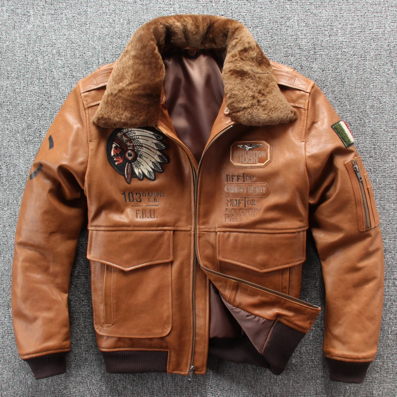 Летная куртка из натуральной кожи с меховым воротником, мужская куртка-бомбер из овчины, мотоциклетная куртка из натуральной кожи