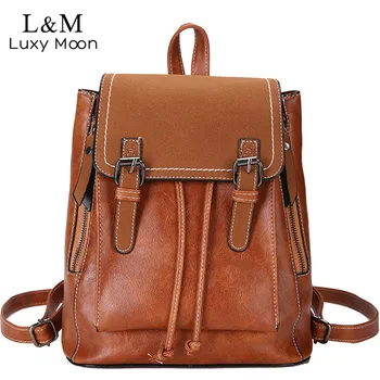 

Fashion Backpack Women's Simple Drawstring Vintage Wild Retro Girls School Bags Soft Leather Black Rucksack 2020 mochila XA544H