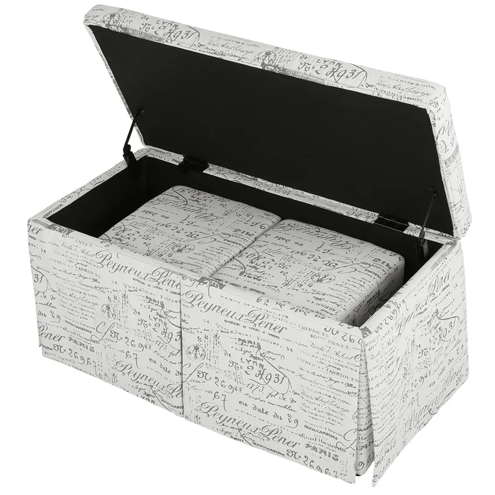  LANGRIA 3-Piece French Script Patterned Fabric Storage Bench and Cube Ottoman Set Footrest Stool Seat, Beige2