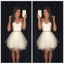 Короткое платье трапециевидной формы для выпускного вечера, скромные белые платья для выпускного вечера, дешевые платья на тонких бретельках с бисером и кристаллами, платья для выпускного вечера