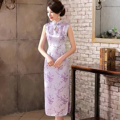 SHENG COCO китайское платье Qipao атласное платье Rouge XXXL вечернее Ципао платья без рукавов традиционное винтажное розовое платье Qipao - Цвет: ligth purple