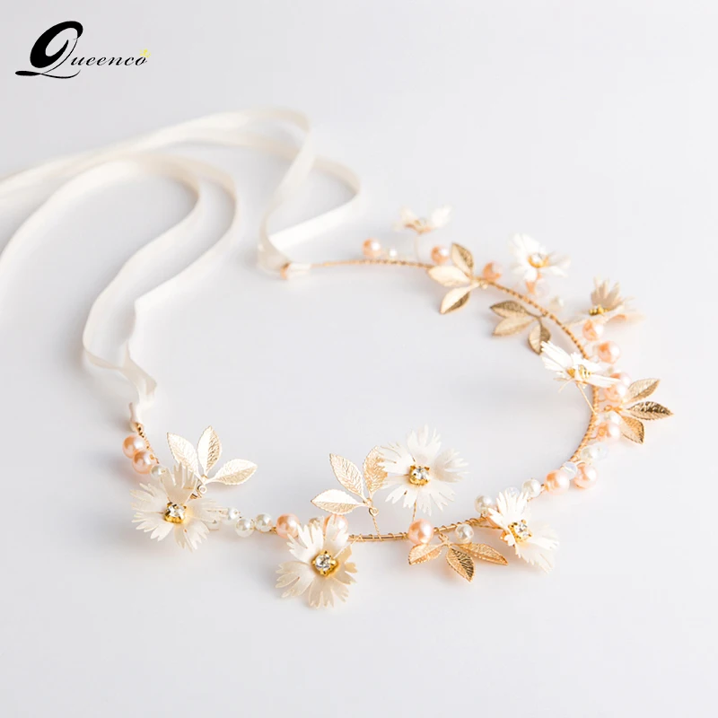 

QUEENCO Simple Little Daisy Crystal Headband Bridal Wedding Hair Ornaments Pearl Women Handmade Hairpiece Girls Hair Jewelry