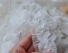 off White Pearl Beading Lace Trim Pleated Chiffon Lace Fabric for Costume Bridal Gown Wedding Decors Supplies, 1yards