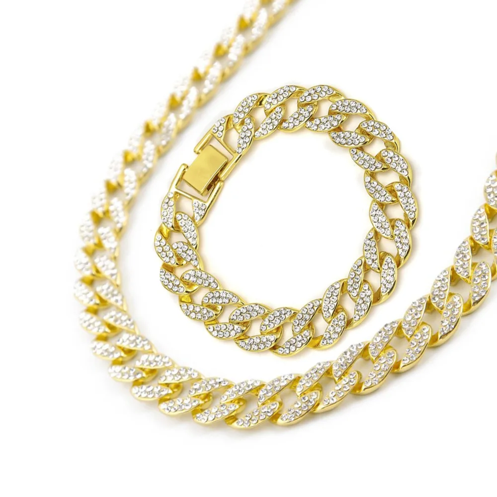 

Iced Out Bling Rhinestone Golden Finish Miami Cuban Link Chain Bracelet Necklace Set Men's Hip hop Necklace Bracelet 16-24 Inch