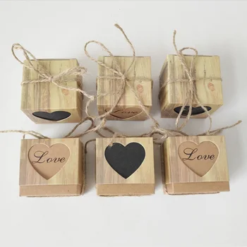 

100pcs / love Christmas candy box romantic heart-shaped kraft paper gift bag with burlap hemp rope chic wedding 5x5x5cm