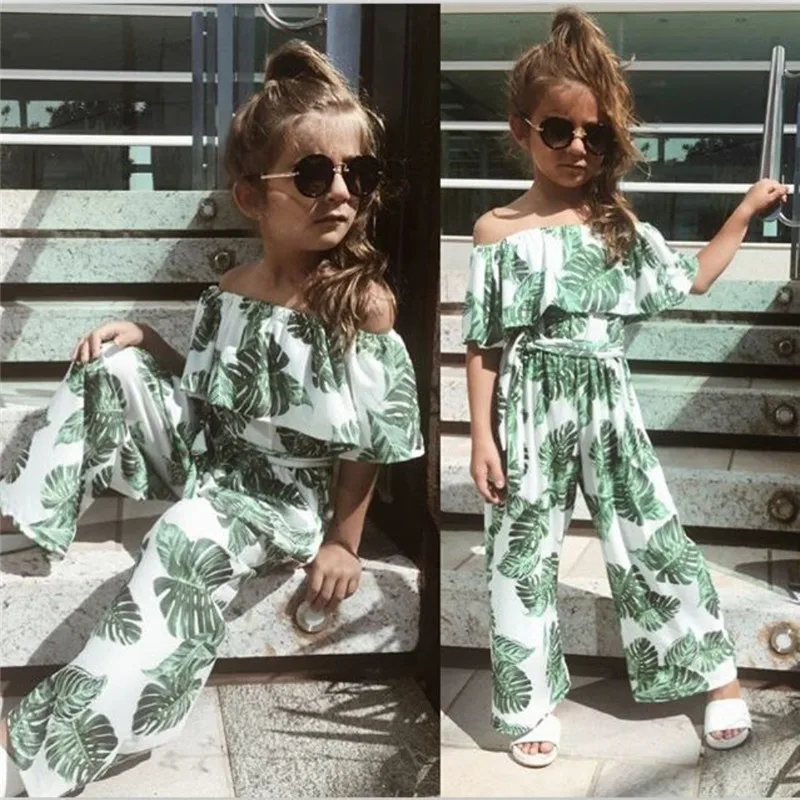 Детские комбинезоны для девочек изображение зеленого листа с открытыми плечами длинный комбинезон модная удобная летняя одежда