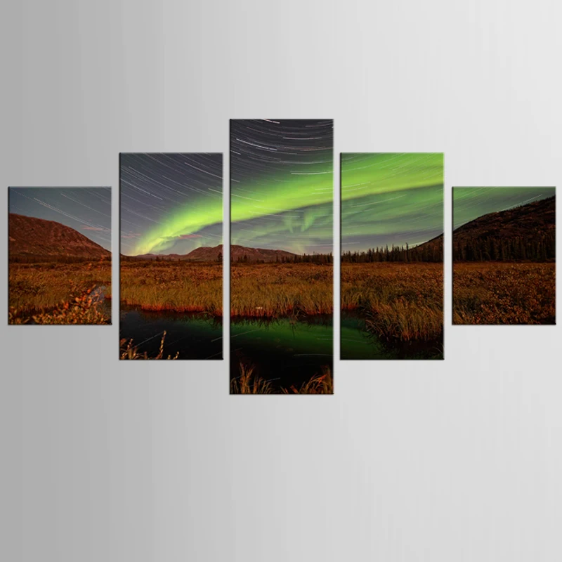 

5 pieces of canvas art northern lights and meteor shower painting custom canvas printed on printing wall picture home decoration