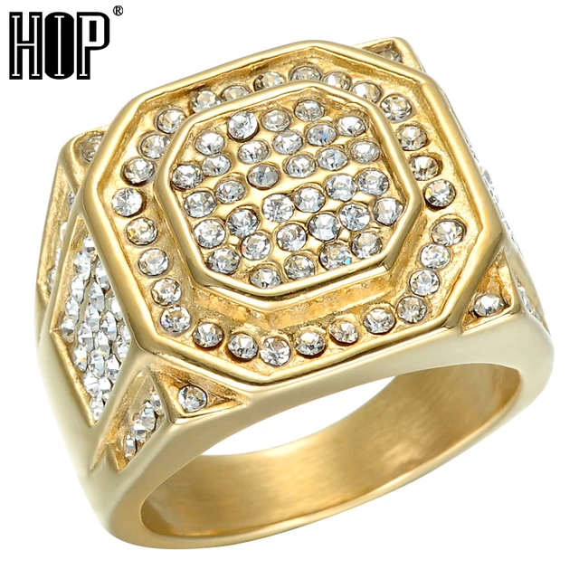HIP Hop Micro Pave Rhinestone Iced Out Bling Hexagonal Ring IP Gold Filled Titan HIP Hop Micro Pave Rhinestone Iced Out Bling Hexagonal Ring IP Gold Filled Titan
