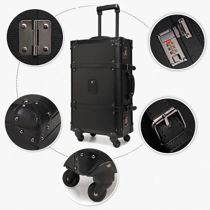 Retro Rolling Luggage Spinner Vintage Leather Suitcase on Wheel Women Trolley Travel Bag Men Trunk Carry On Luggage handbag spinner luggage