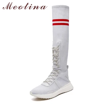 

Meotian Knee High Boots Sock Boots Women Winter Stripe Lace Up Tall Boots Causal Ladies Sneakers Flat Platform Shoes White Black