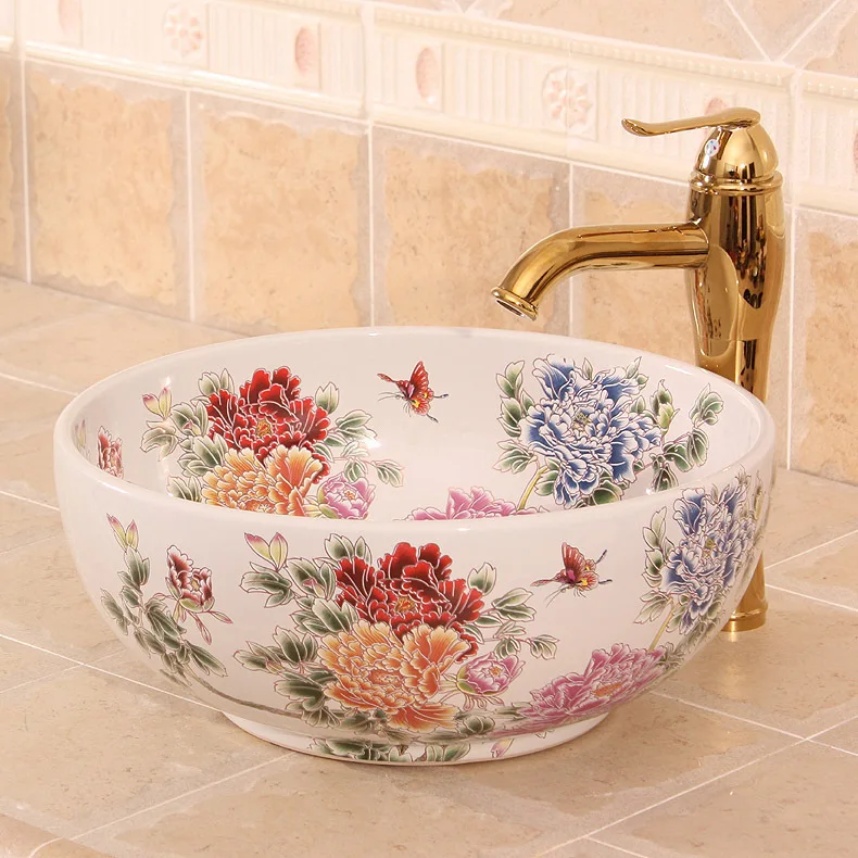

China Painting Peony Ceramic Painting Art Lavabo Bathroom Vessel Sinks Round counter top ceramic colour wash basin