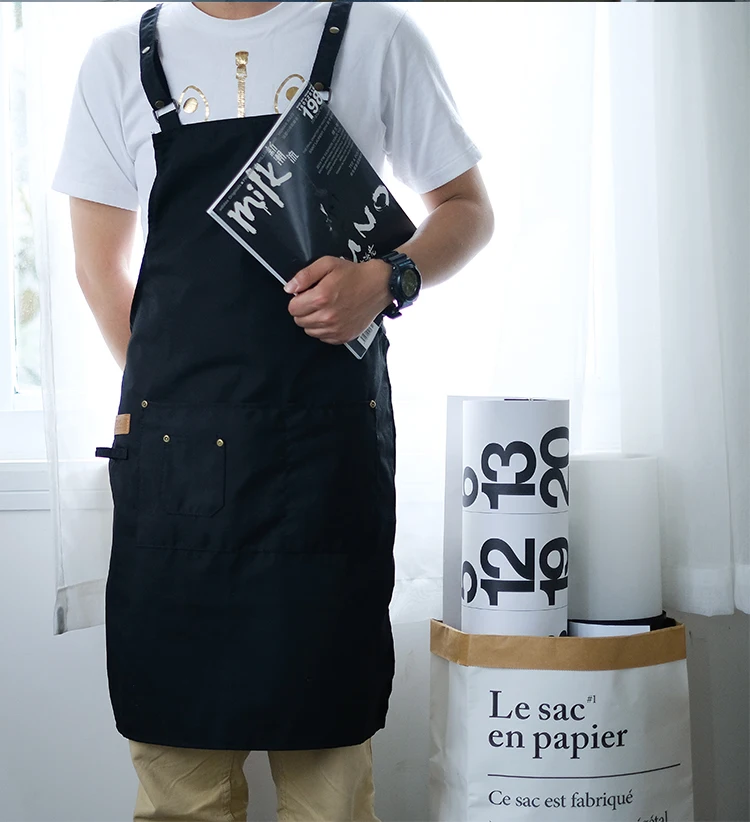 2020 New Adjustable Canvas Work Apron with Tool Pockets Black kitchen aprons for woman man Cross-Back Straps pinafore bib