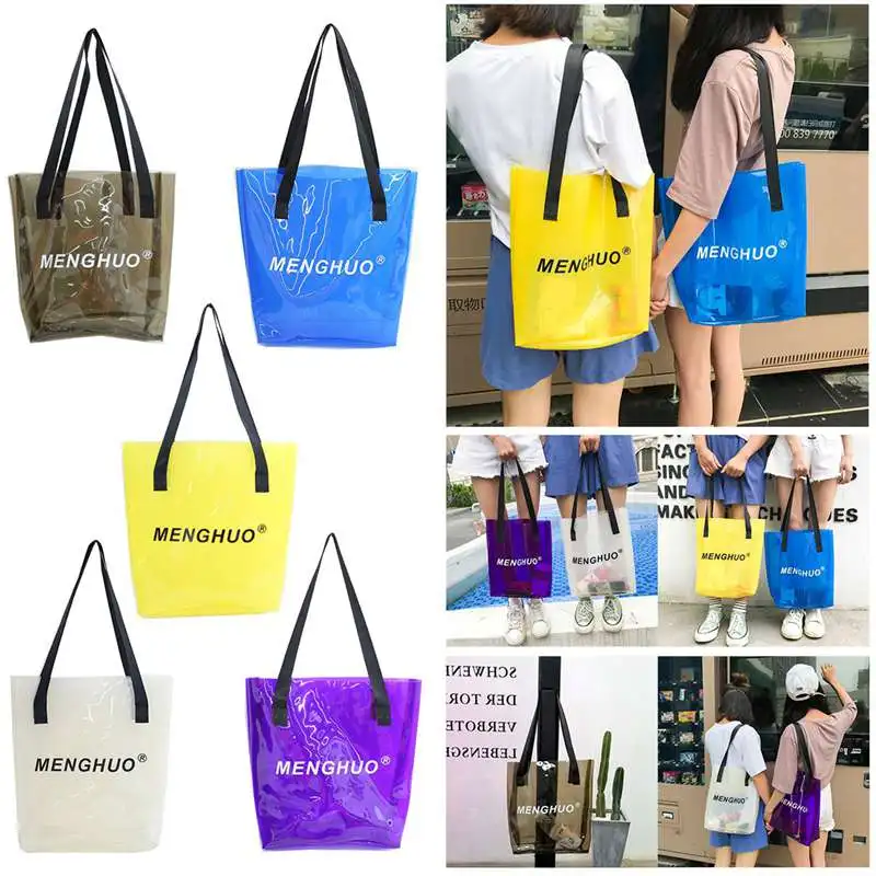 

2018 fashion new PVC transparent letter "MENGHUO" jelly bag waterproof hand shoulder beach handbag