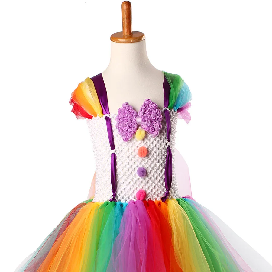 Girls Circus Fancy Clown Tutu Dress with Bow Children Handmade Rainbow Tulle (11)