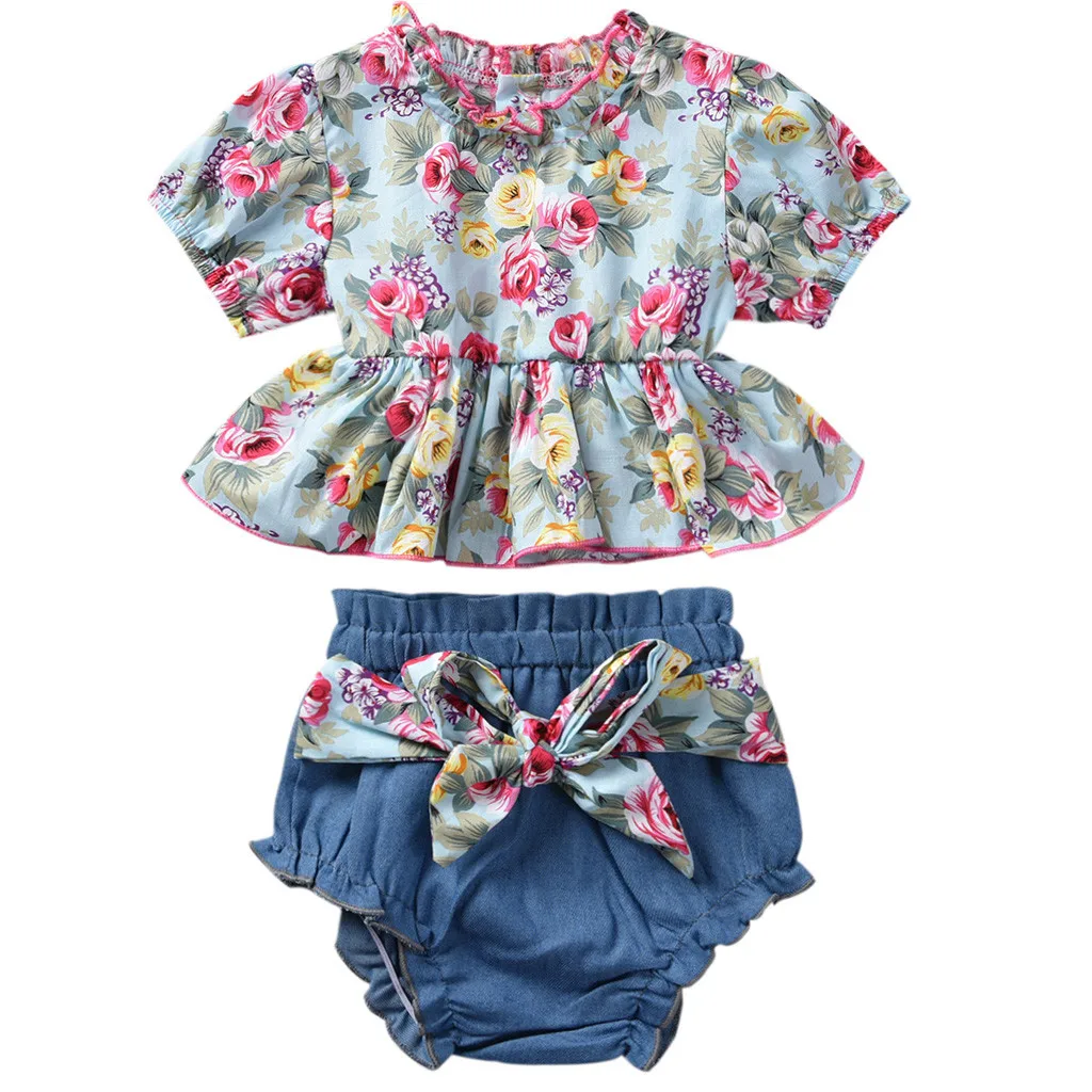 KLV cute infant newborn baby girl clothes cute newborn baby girl Flower Ruffle Print Tops+Bow Shorts Outfits Set clothes#y20 - Цвет: Зеленый