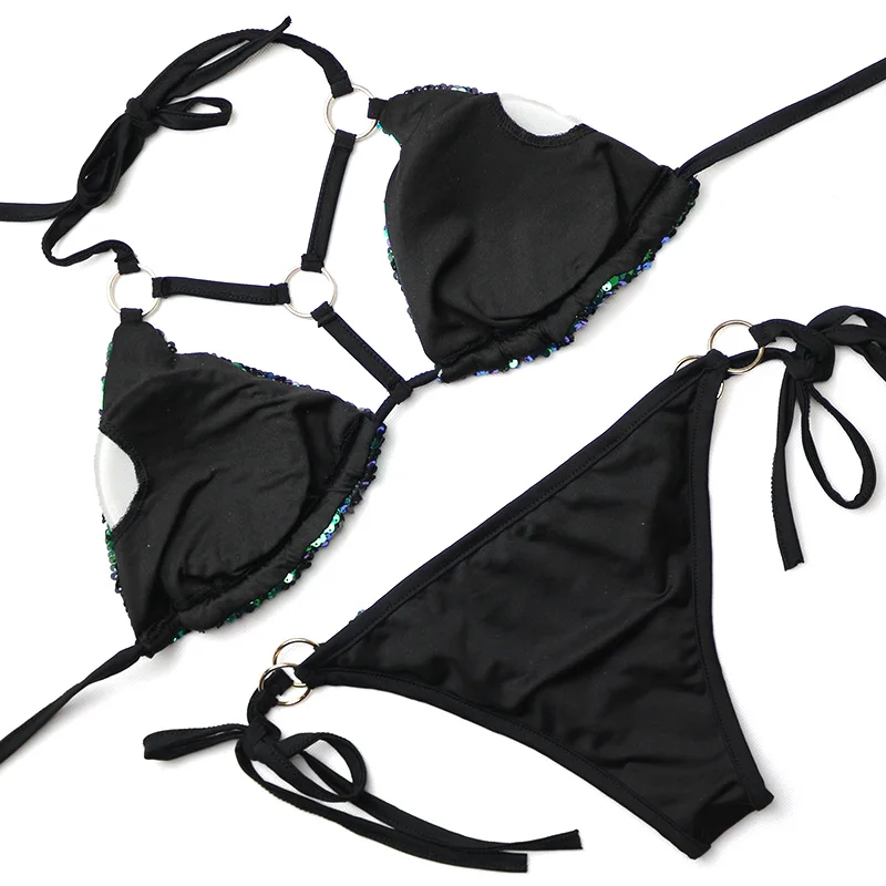 Sexy Halter Bling-bling Bikini Shiny Glitter Sequin Swimsuit Bandage Biquini Bathing Suit Swimwear Women Brazilian Bikini Set