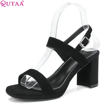 

QUTAA 2018 Women Sandals Square High Heel Cow Suede Fashion Women Shoes Platform Buckle Westrn Style Women Sandals Size 34-39
